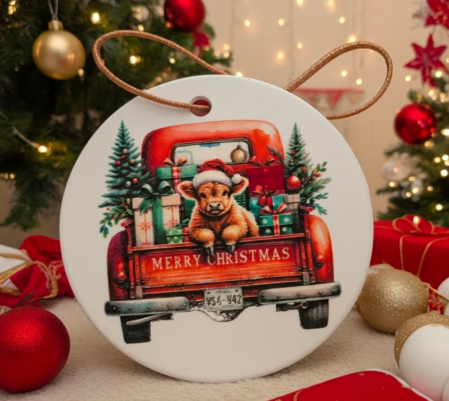 Highland Cow in Red Truck Ornament